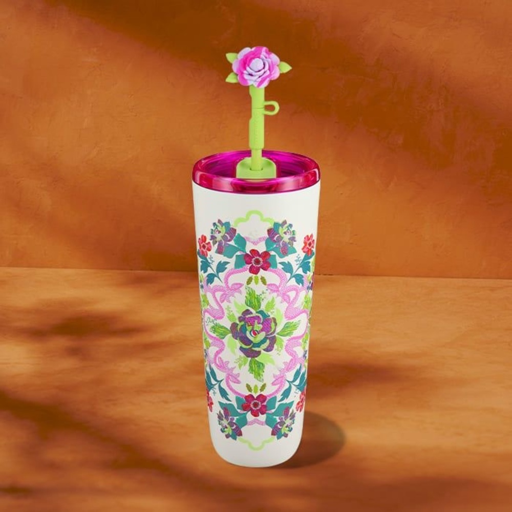 Starbucks Floral Kaleidoscope Hot & Cold Cup w/Flower Straw Top- Limited Edition